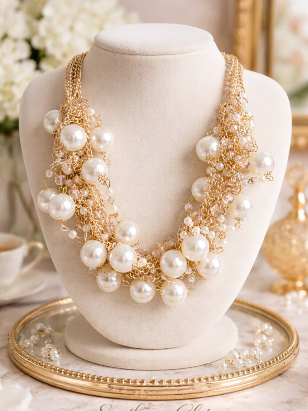 Luxury Pearl Statement Necklace, Gold Layered Chain Necklace, Chunky Pearl Bib